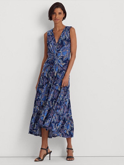 Nwt Lauren Ralph Lauren Sleeveless Blue Floral Twist-Front Maxi Dress Women’s 12